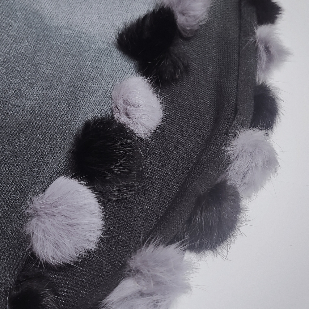 Ombre Shawl Gray & Black w/ Fur Pom Pom Scarf Wrap - Picture 4 of 8